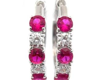 0.51 Carat Ruby & Diamond Hoop Earrings in 14k White Gold