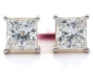 4 Carat Princess Cut Diamond Solitaire Stud Earrings in 14k Yellow Gold