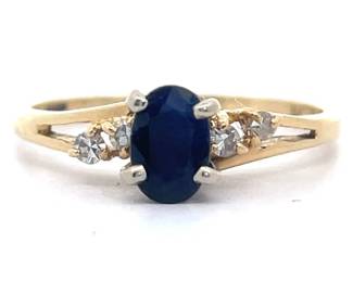 Oval Blue Sapphire & Natural Diamond Split Shank Ring in 14k Yellow Gold
