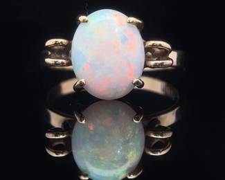 Oval White Opal Cabochon Solitaire Vintage Ring in Yellow Gold