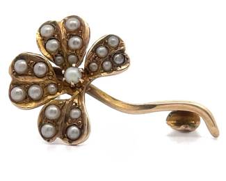 White Seed Pearls Blooming Flower Brooch/Pin in Yellow Gold