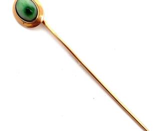 Cindy Cash Owned | Oval Cabochon Green Stone Vintage Style Stick Pin in 14k Yellow Gold