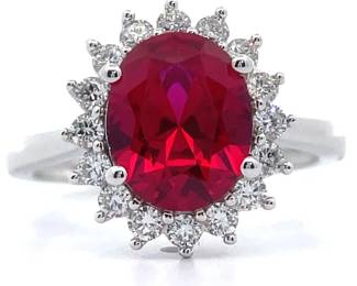 Elegant 0.51 Carat Diamond & Ruby Oval Halo Cluster Ring in 14k White Gold