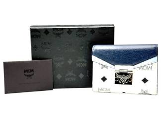 MCM Blue & White Visetos Leather Tri-Fold Wallet with Box