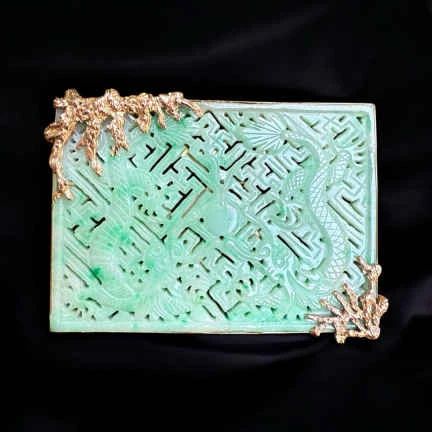 14k Gold Wrapped Carved Dragon Motif Jadeite Brooch.