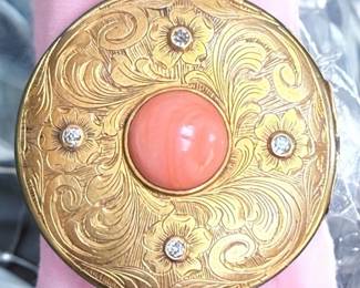 1890 CORAL DIAMOND LOCKET BROOCH 10K