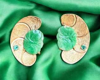 1920 Art Deco Jade, Gold Emerald Earrings