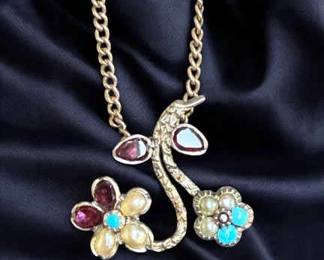 English 1860 Turquoise, Almandine Garnet Seed Pearl Pendant Necklace