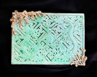 14k Gold Wrapped Carved Dragon Motif Jadeite Brooch.
