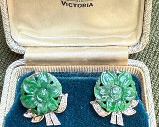 10K Gold, Jade Diamond Earrings Circa 1940s