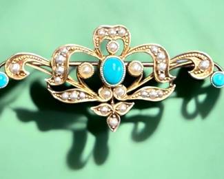 1890 Victorian Brooch Turquoise, Seed Pearl Gold