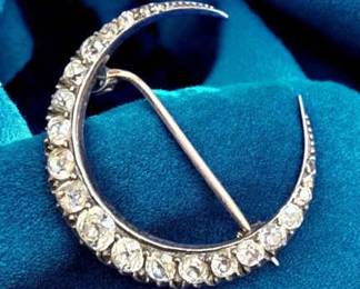 Antique Victorian Old Cut Diamond Crescent Moon Brooch