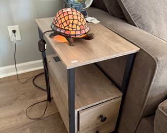 Side Table, Signed Rollin Karg Glass Satellite Dish, Tiffany Style Turtle Lamp