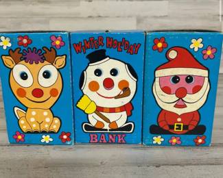 Lot of 3 Rare Vintage New Old Stock Winter Holiday Banks Santa Snowman and Reindeer