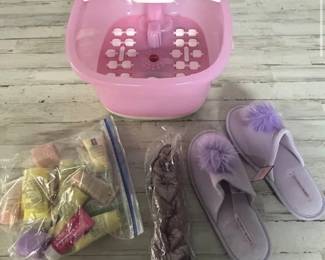 Spa and Pampering Lot Pedi-Spa Foot Massager Victoria Secret Slippers Assorted Sample Size Beauty Products