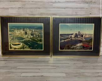 Lot of 2 Vintage Signed Framed Pittsburgh 3 Rivers Stadium & Latitude Run Skyline Art