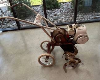 Vintage 3.5 HP Gas Garden Tiller Cultivator Heavy Duty Rototiller Metal Wheels USA