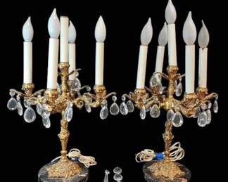 2 Gold Toned Candelabra Lamps With Marble Bases