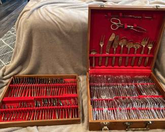 Vintage 145. Set of Thai Nickel Bronze Flatware in Teak case most still Wrapped In Plastic