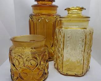 Vintage Amber Glass Canisters L.E. Smith Moon Stars Atterbury Scroll