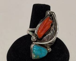 Vintage Turquoise And Coral Ring With Benchmark, Size 6 Suspected Sterling Silver