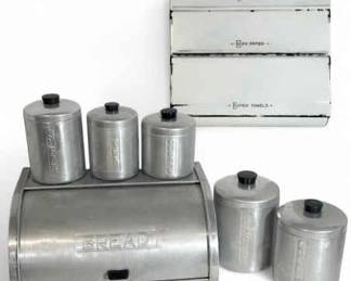 Vintage Aluminum 5Piece Kitchen Canister Set, Bread Box, Paper Towel Dispenser