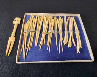 Antique IvoryToned Carved Roosters, Fish, Elephant Appetizer Picks