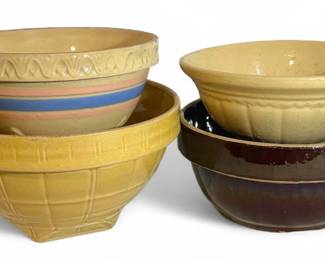 Antique Yellow Ware Pottery Mixing Bowls McCoy 4 Windowpane, Pink Blue Striped, and More
