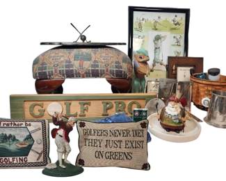 Golf Decor Longaberger Golf Club Basket, Footstool, Pillows, Brass Desk Tray, More
