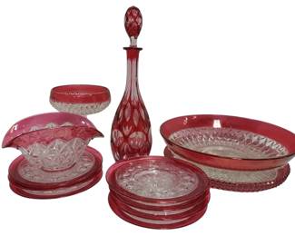 Ruby Red Cut To Clear Decanter, Glass Plates, Large Bowl, More