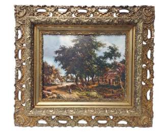 Entrance To A Village by Meindert Hobbema Art Print in Golden Wooden Frame 32 x 28