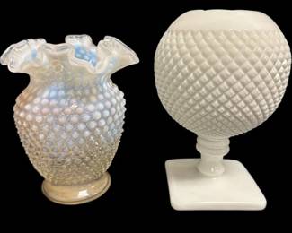 Fenton Opalescent Hobnail Moonstone Ruffled Vase Westmoreland Milk Glass Ivy Rose Bowl Pedestal