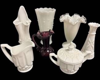 Fenton Swung Milk Glass Cabbage Rose Vase, Silver Crest Ruffled Edge Vase, More