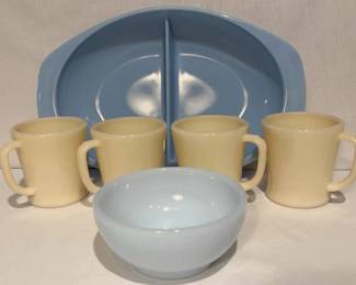 Vintage Fire King D Handle Coffee Mugs, Small Bowl, And Pyrex Powder Blue Divided Dish