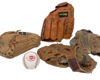 Four Baseball Gloves and Baseball