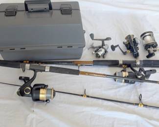 Two Fishing Rod And Reels, Three Reels, And Unused Tackle Box