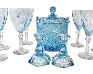 Fenton Blue Iridescent Daisy Button Lidded Candy Dish, 7 Fostoria Cordial Glasses More