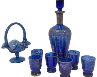 Vintage Venetian Cobalt Blue Decanter Set With Silver Trim And Blue Basket