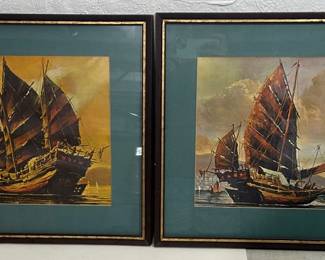 Two Ship Prints Matted And Framed