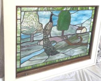 Framed Stained Glass With Peacock Wired With Switch To Be Lit From Behind