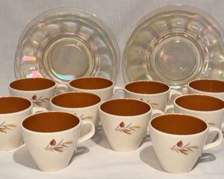 Two Carnival Glass Plates And Ten Taylor Smith Taylor Autumn Harvest Mugs