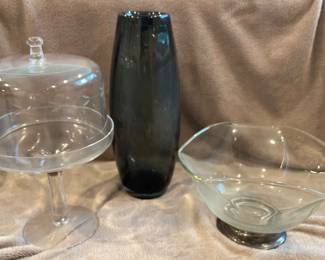 Glass Bowl, Etched Cake Stand, Black StrombergshyttanStyle MCM Vase