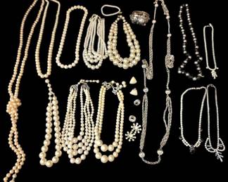 Pearlescent Rhinestone Costume Jewelry Including A Miriam Haskell Bracelet