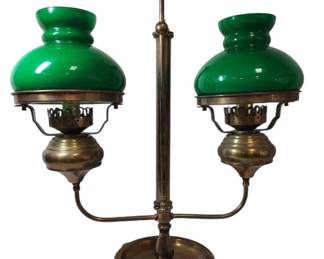 Brass Student Desk Lamp With Green Glass Shades