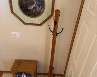 Framed owl print, coat rack