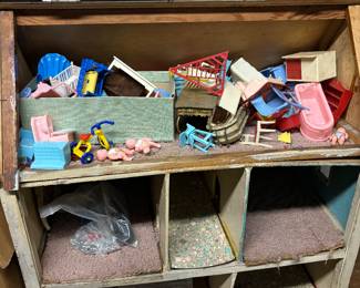 Vintage Doll House with Furniture and Figurines 