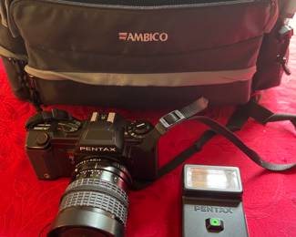 Pentax 35MM Camera with Flash, and Ambico Camera Bag