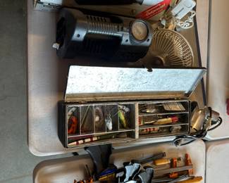 Hand Tools, Vintage Fishing Tackle, Portable Air Compressor, and Car Vacuum 