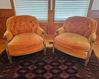 81 PairOfMCMTuftedOrangeVelvetBarrelChairs
