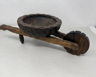 128 VintageHandCarvedWoodWheelbarrowwithBowl